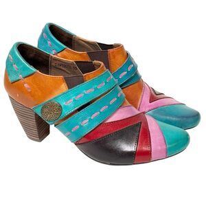 ELITE by Corkys Sawtooth Heel Leather Bootie Multicolor Slip On Artsy Grannycore